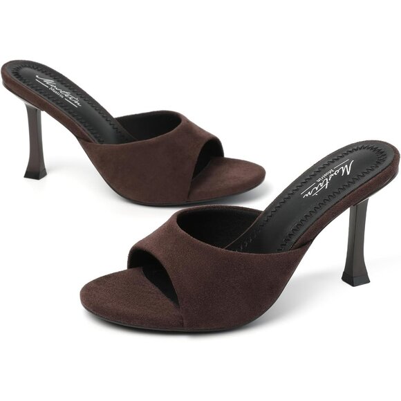 Women's Dark Brown Suede Round Toe Heels With Bow Vintage Mules Sexy Slip on - Picture 4 of 9